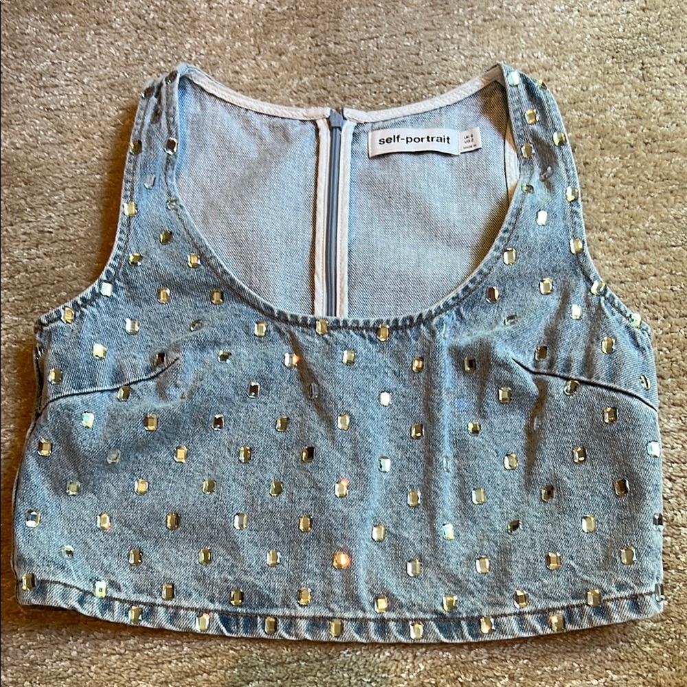 Self-Portrait Blue Denim Crop Top with Silver Details